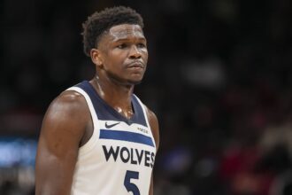 Atlanta, Georgia, USA; Minnesota Timberwolves guard Anthony Edwards (5) on the court during the game against the Atlanta Hawks during the second half at State Farm Arena. Mandatory Credit: Dale Zanine-Imagn Images