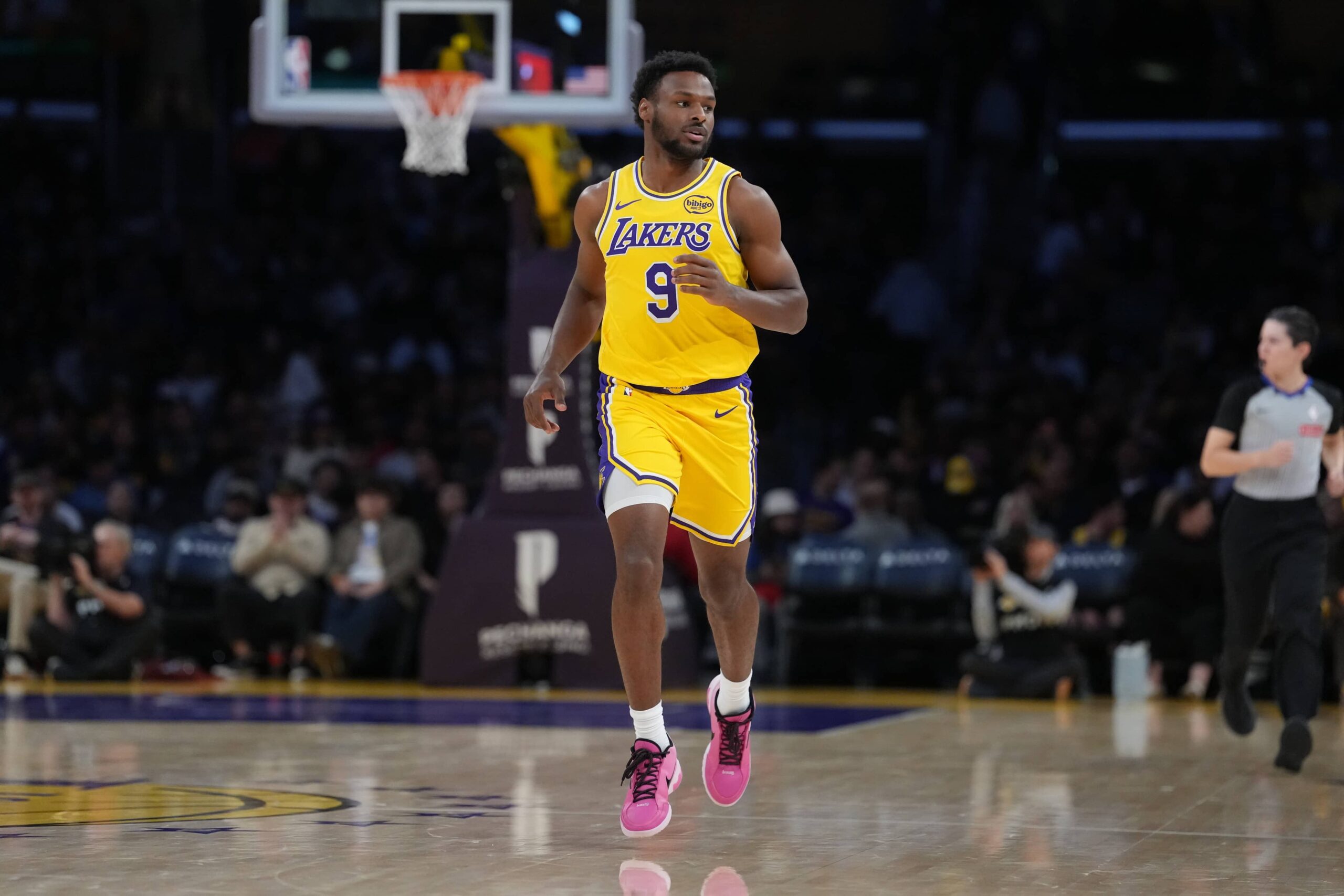 Los Angeles, California, USA; Los Angeles Lakers guard Bronny James (9) against the Charlotte Hornets in the second half at Crypto.com Arena. Mandatory Credit: Kirby Lee-Imagn Images