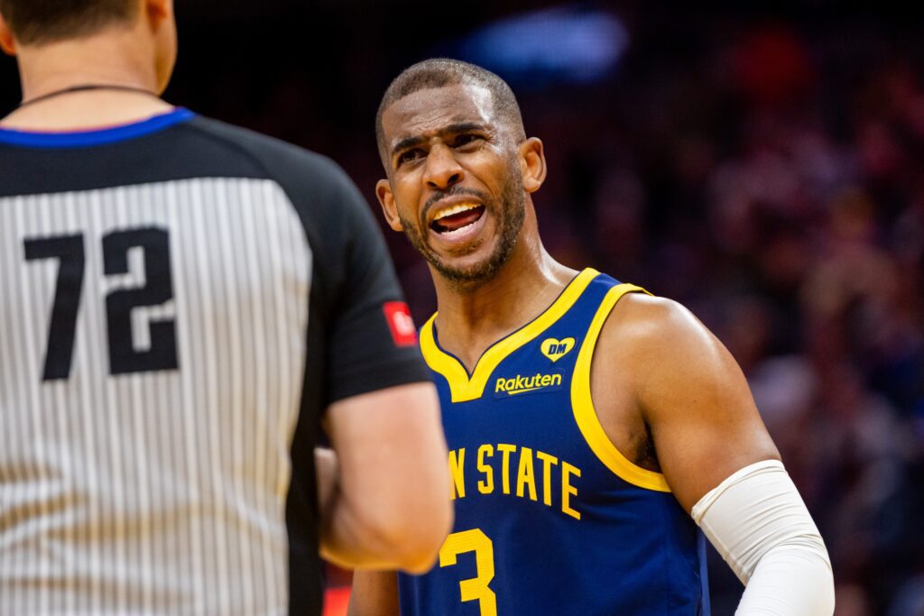 Apr 7, 2024; San Francisco, California, USA; Golden State Warriors guard Chris Paul (3) protests a call during the third quarter against the Utah Jazz at Chase Center. Mandatory Credit: Bob Kupbens-Imagn Images