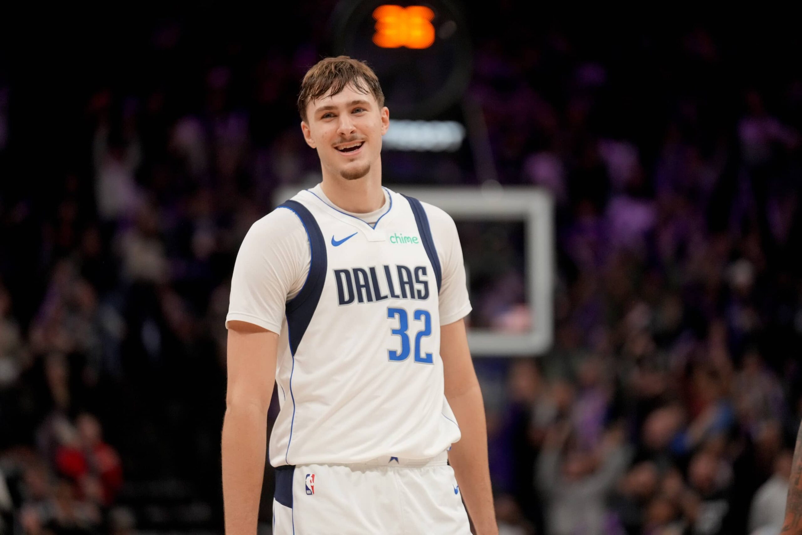 Sacramento, California, USA; Dallas Mavericks forward Cooper Flagg (32) reacts after a foul was called during action against the Sacramento Kings in the fourth quarter at the Golden 1 Center. Mandatory Credit: Cary Edmondson-Imagn Images