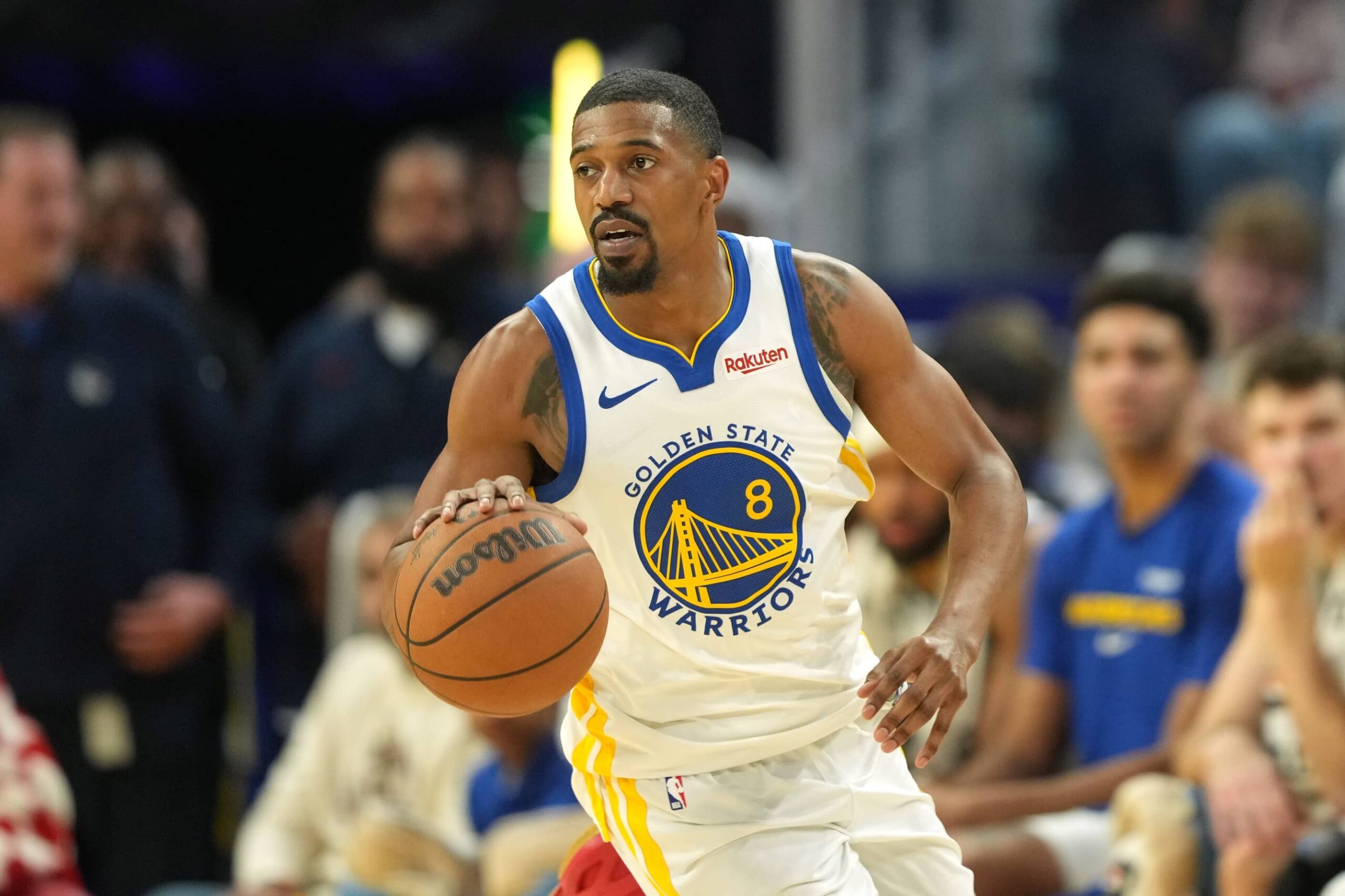 San Francisco, California, USA; Golden State Warriors guard De'Anthony Melton (8) during the third quarter against the Dallas Mavericks at Chase Center. Mandatory Credit: Darren Yamashita-Imagn Images
