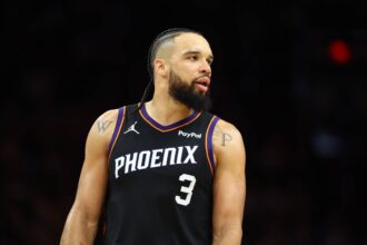 Phoenix, Arizona, USA; Phoenix Suns forward Dillon Brooks (3) against the Los Angeles Lakers at Mortgage Matchup Center. Mandatory Credit: Mark J. Rebilas-Imagn Images