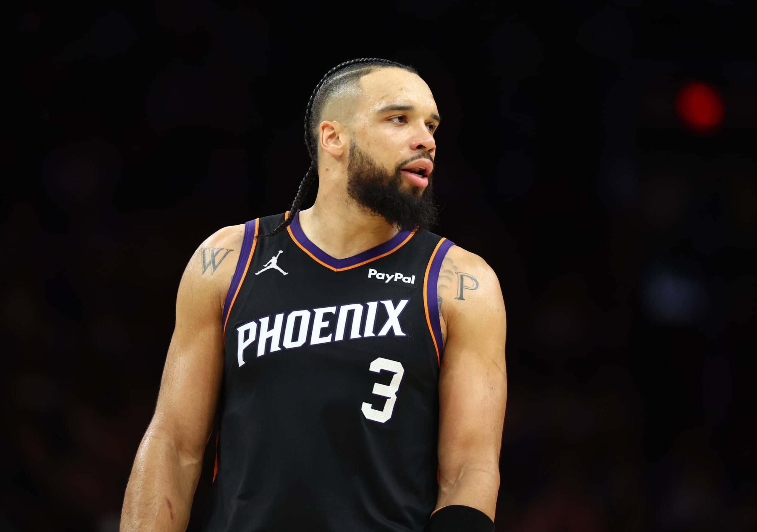 Phoenix, Arizona, USA; Phoenix Suns forward Dillon Brooks (3) against the Los Angeles Lakers at Mortgage Matchup Center. Mandatory Credit: Mark J. Rebilas-Imagn Images