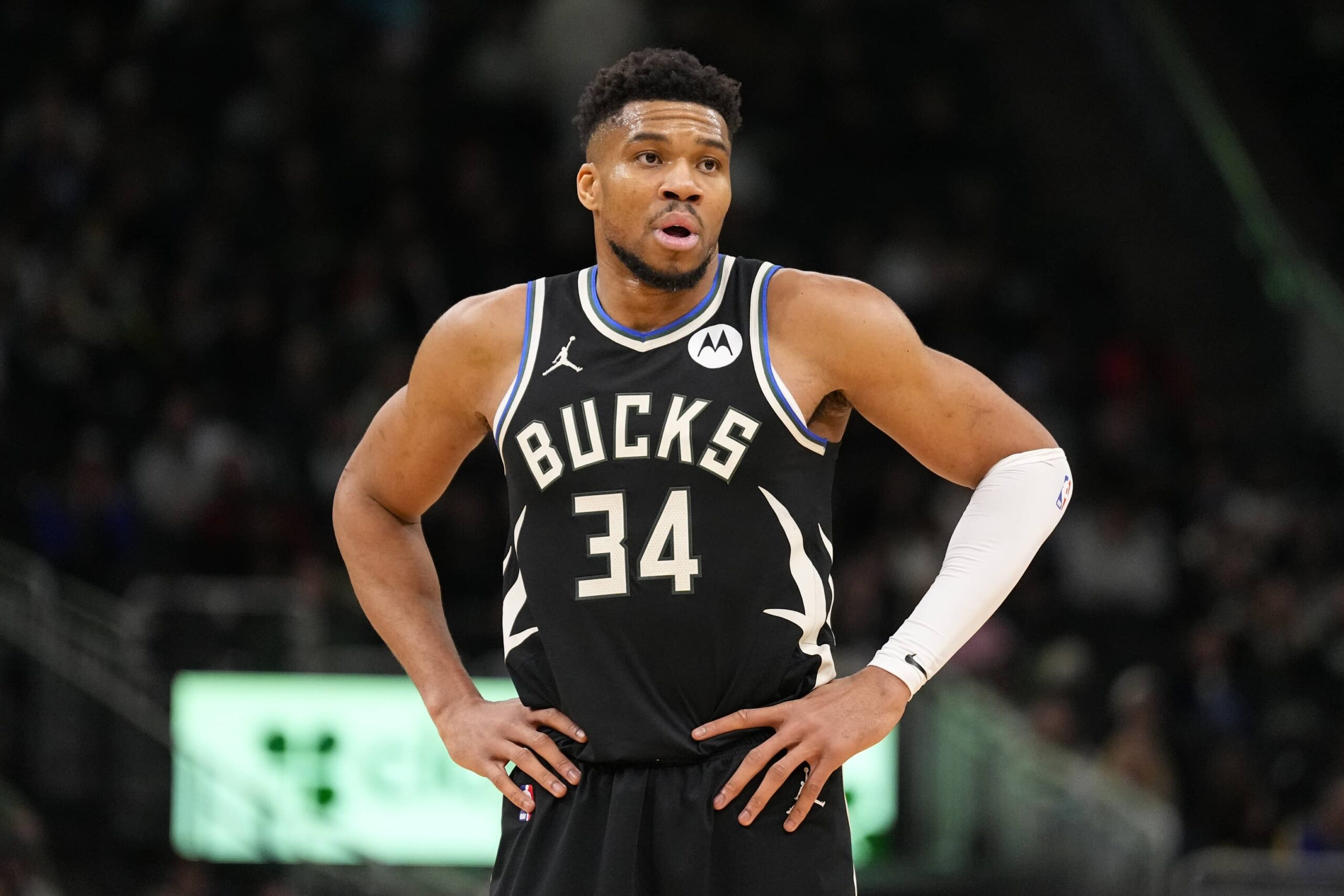 Milwaukee, Wisconsin, USA; Milwaukee Bucks forward Giannis Antetokounmpo (34) looks on during the second quarter against the Denver Nuggets at Fiserv Forum. Mandatory Credit: Jeff Hanisch-Imagn Images