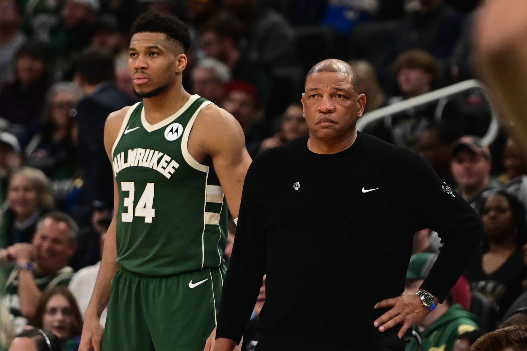 Milwaukee, Wisconsin, USA; Milwaukee Bucks head coach Doc Rivers and forward Giannis Antetokounmpo (34) looks on in the fourth quarter against the Memphis Grizzlies at Fiserv Forum. Mandatory Credit: Benny Sieu-Imagn Images