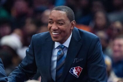 Cleveland, OH, USA; NBA great Isiah Thomas during the Slam Dunk Contest during the 2022 NBA All-Star Saturday Night at Rocket Mortgage Field House. Mandatory Credit: Kyle Terada-Imagn Images