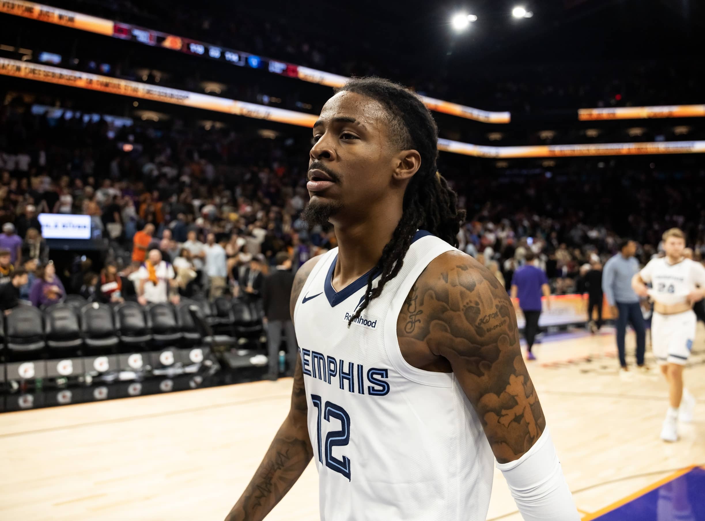 Phoenix, Arizona, USA; Memphis Grizzlies guard Ja Morant (12) against the Phoenix Suns at the Mortgage Matchup Center. Mandatory Credit: Mark J. Rebilas-Imagn Images
