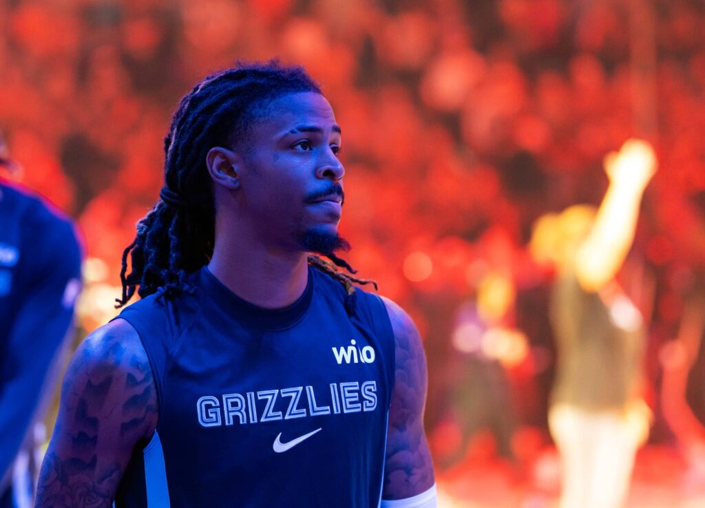 Phoenix, Arizona, USA; Memphis Grizzlies guard Ja Morant (12) against the Phoenix Suns at the Mortgage Matchup Center. Mandatory Credit: Mark J. Rebilas-Imagn Images