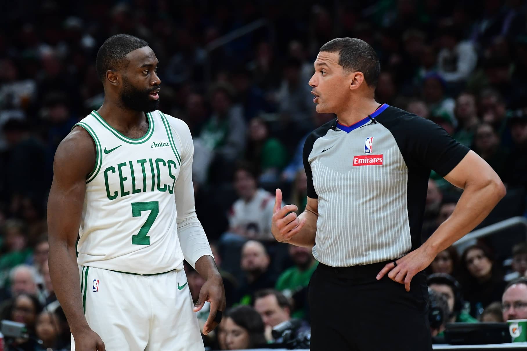 Boston, Massachusetts, USA; Boston Celtics guard Jaylen Brown (7) talks to the official during the second half against the Indiana Pacers at TD Garden. Mandatory Credit: Bob DeChiara-Imagn Images
