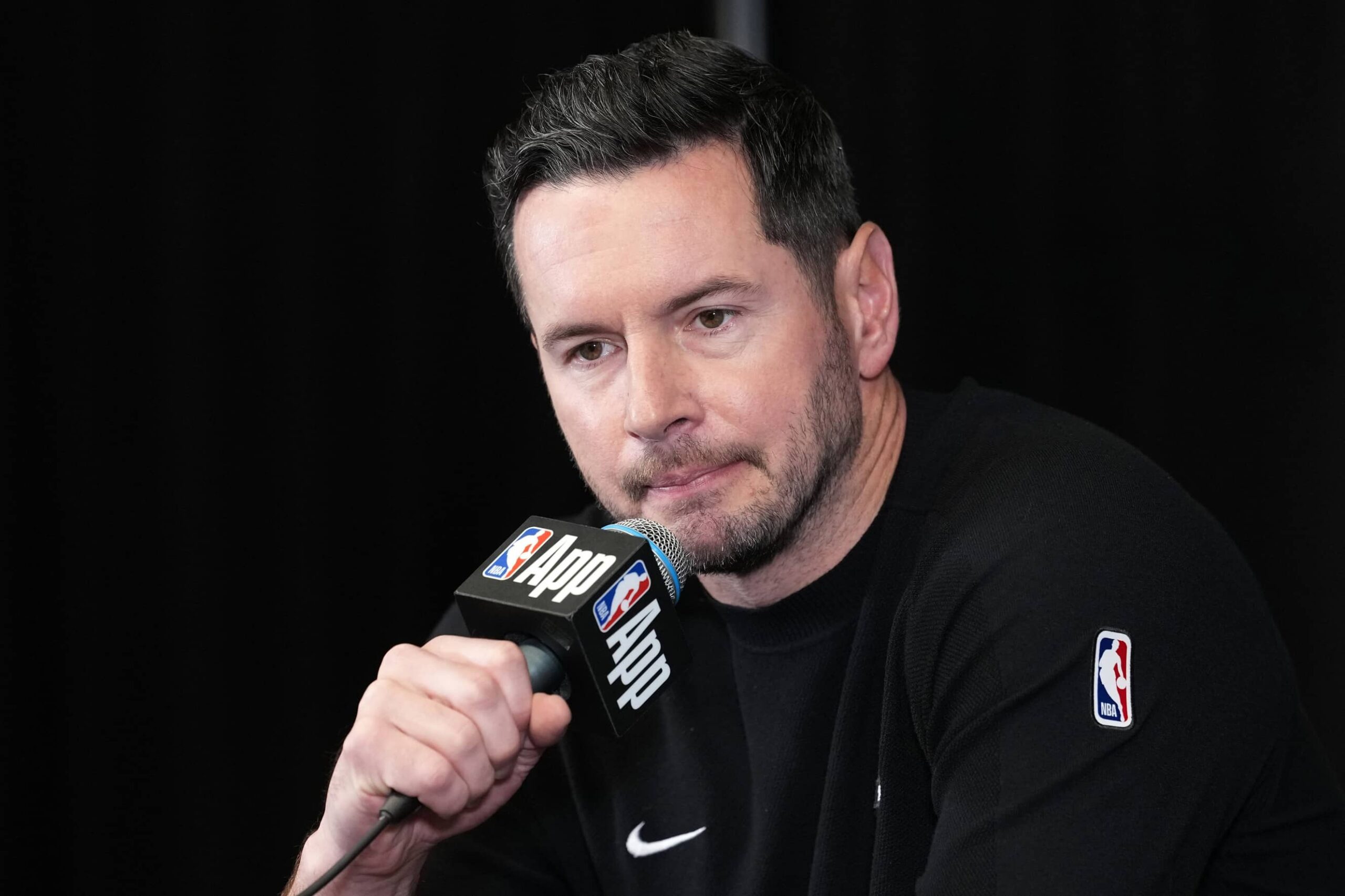 Inglewood, California, USA; Los Angeles Lakers Head Coach JJ Redick at press conference prior to the game against the LA Clippers at the Intuit Dome. Mandatory Credit: Kirby Lee-Imagn Images
