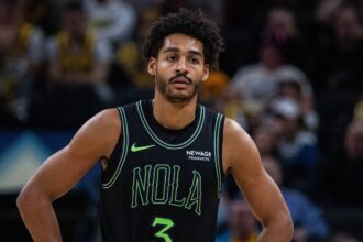 Indianapolis, Indiana, USA; New Orleans Pelicans guard Jordan Poole (3) in the second half against the Indiana Pacers at Gainbridge Fieldhouse. Mandatory Credit: Trevor Ruszkowski-Imagn Images