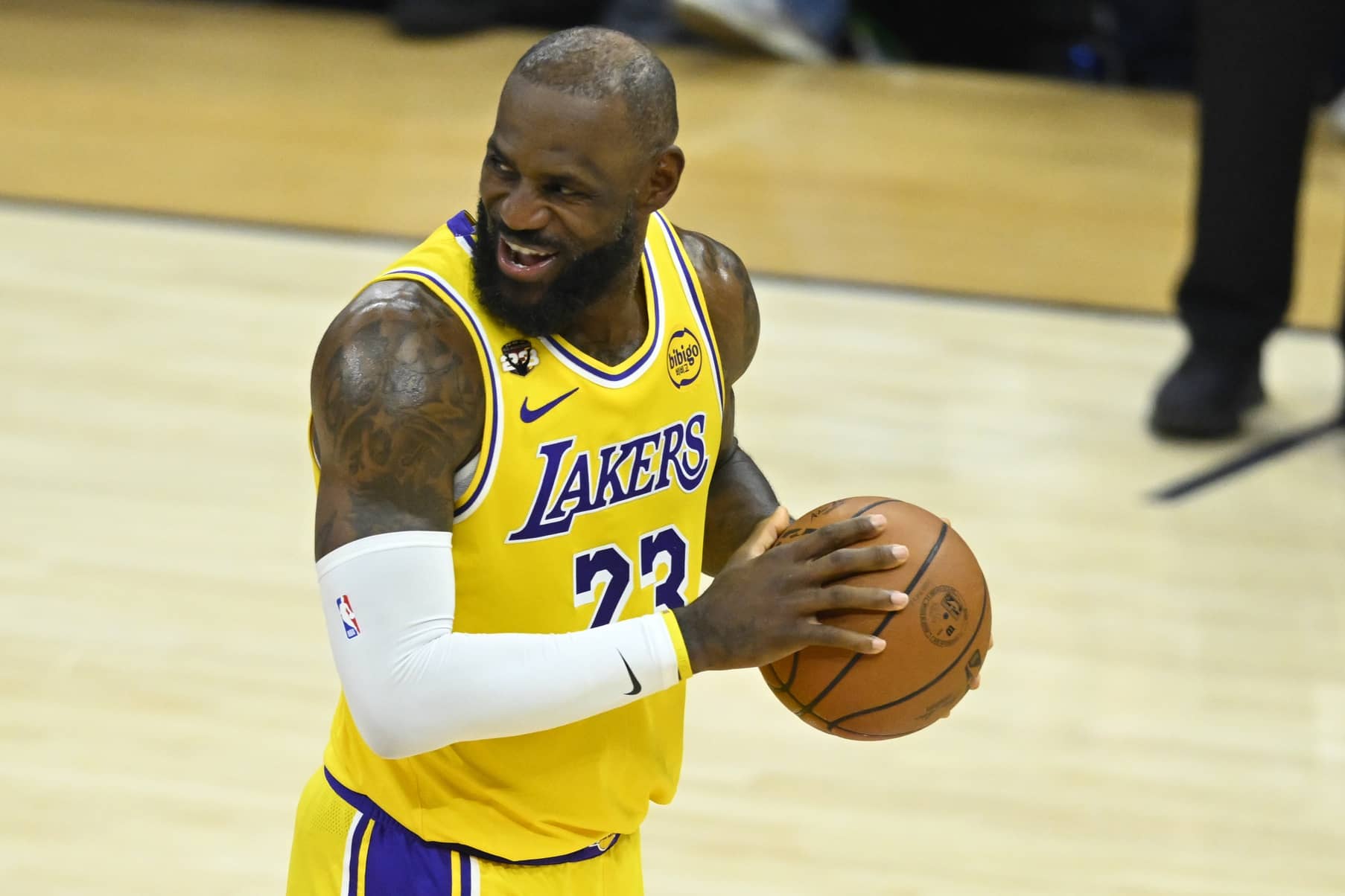Cleveland, Ohio, USA; Los Angeles Lakers forward LeBron James (23) reacts before shooting a free throw in the second quarter against the Cleveland Cavaliers at Rocket Arena. Mandatory Credit: David Richard-Imagn Images