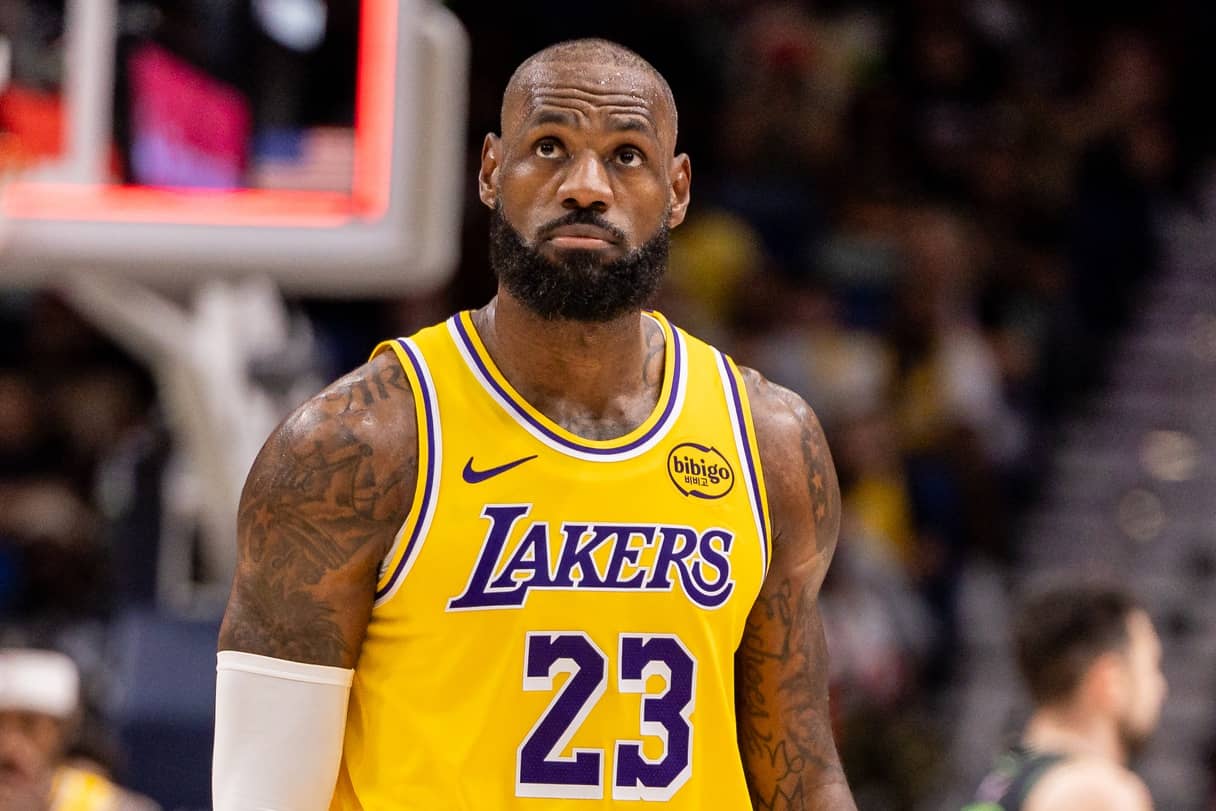 New Orleans, Louisiana, USA; Los Angeles Lakers forward LeBron James (23) looks on against the New Orleans Pelicans during the second half at Smoothie King Center. Mandatory Credit: Stephen Lew-Imagn Images