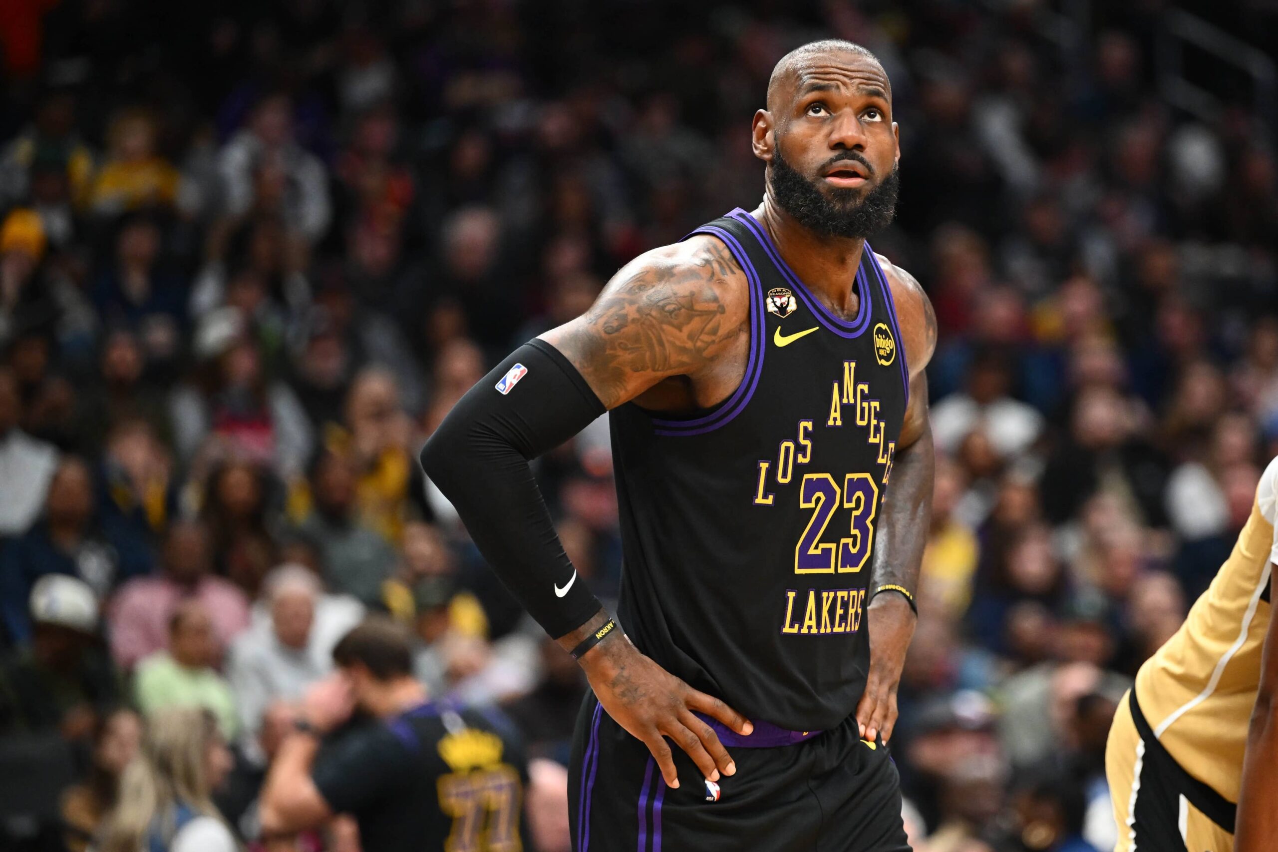 Washington, District of Columbia, USA; Los Angeles Lakers forward LeBron James (23) on the court against the Washington Wizards during the second half at Capital One Arena. Mandatory Credit: Brad Mills-Imagn Images