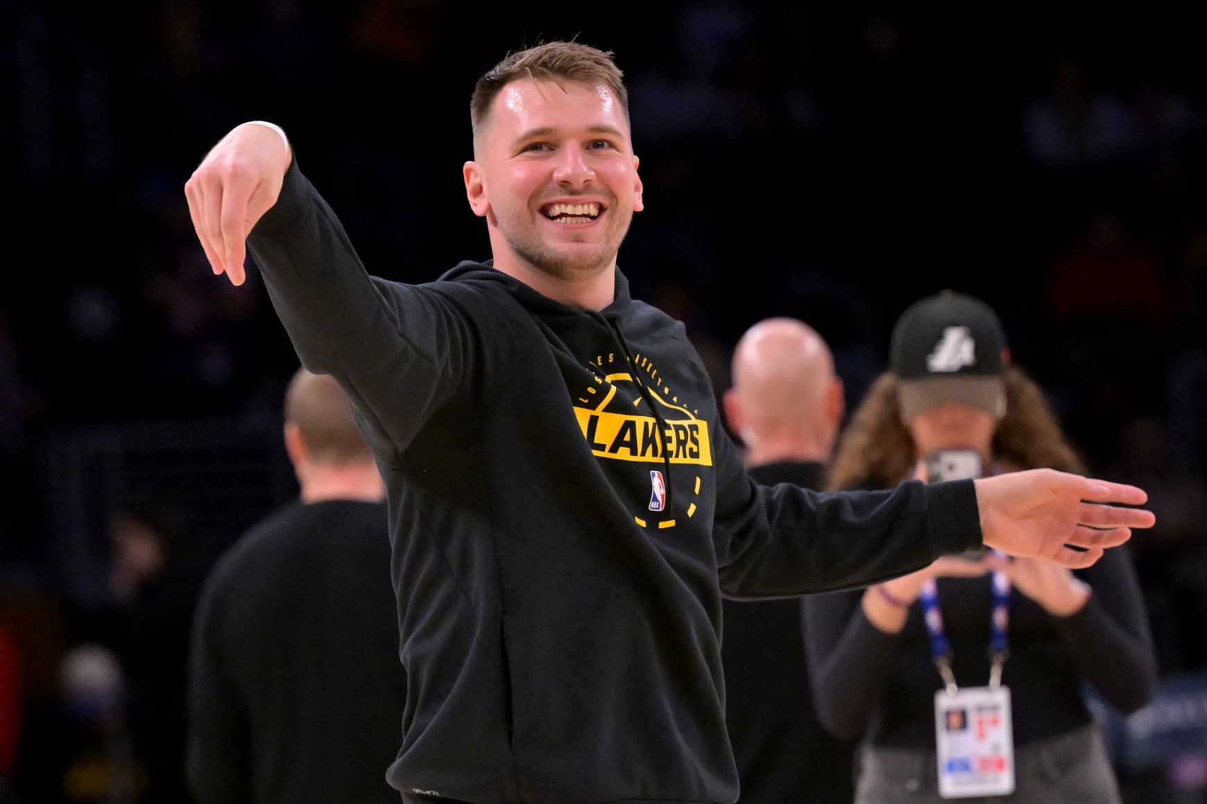 Los Angeles, California, USA; Los Angeles Lakers guard Luka Doncic (77) warms up prior to the game against the Memphis Grizzlies at Crypto.com Arena. Mandatory Credit: Jayne Kamin-Oncea-Imagn Images
