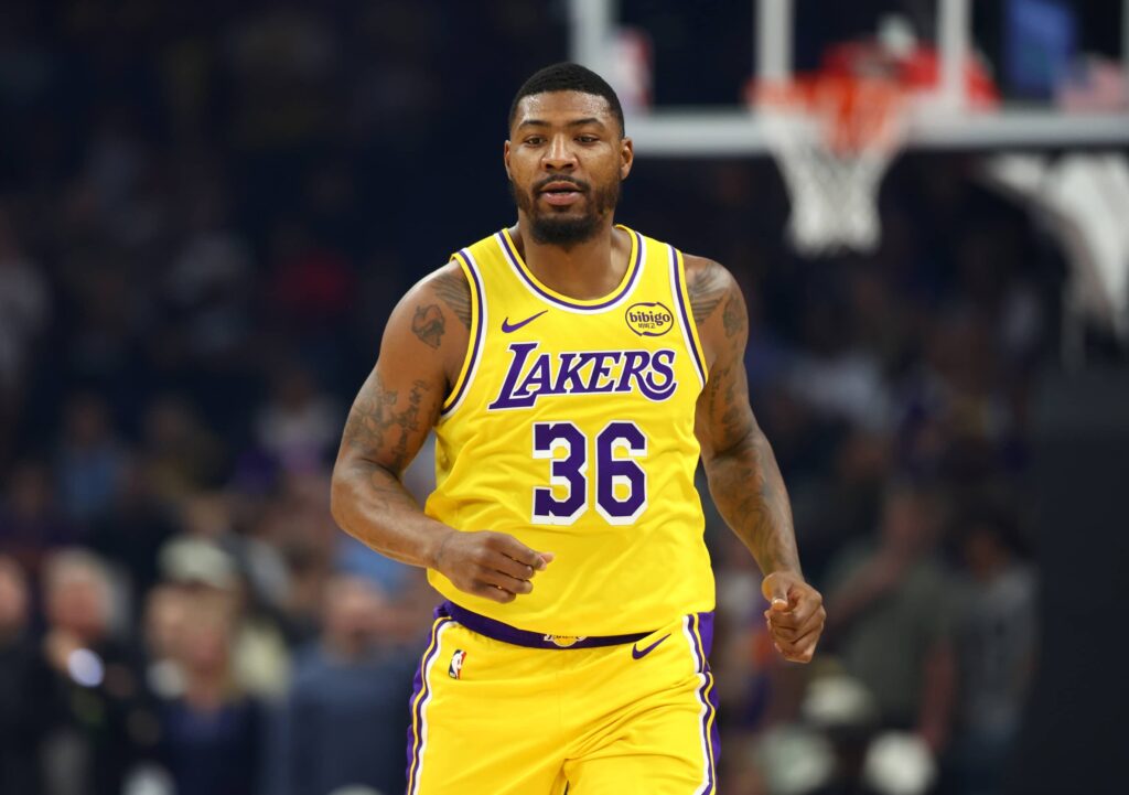 Phoenix, Arizona, USA; Los Angeles Lakers guard Marcus Smart (36) against the Phoenix Suns at Mortgage Matchup Center. Mandatory Credit: Mark J. Rebilas-Imagn Images