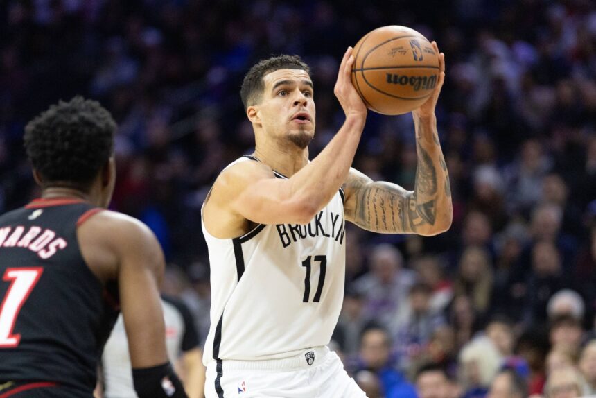 Philadelphia, Pennsylvania, USA; Brooklyn Nets forward Michael Porter Jr. (17) shoots against the Philadelphia 76ers during the second quarter at Xfinity Mobile Arena. Mandatory Credit: Bill Streicher-Imagn Images