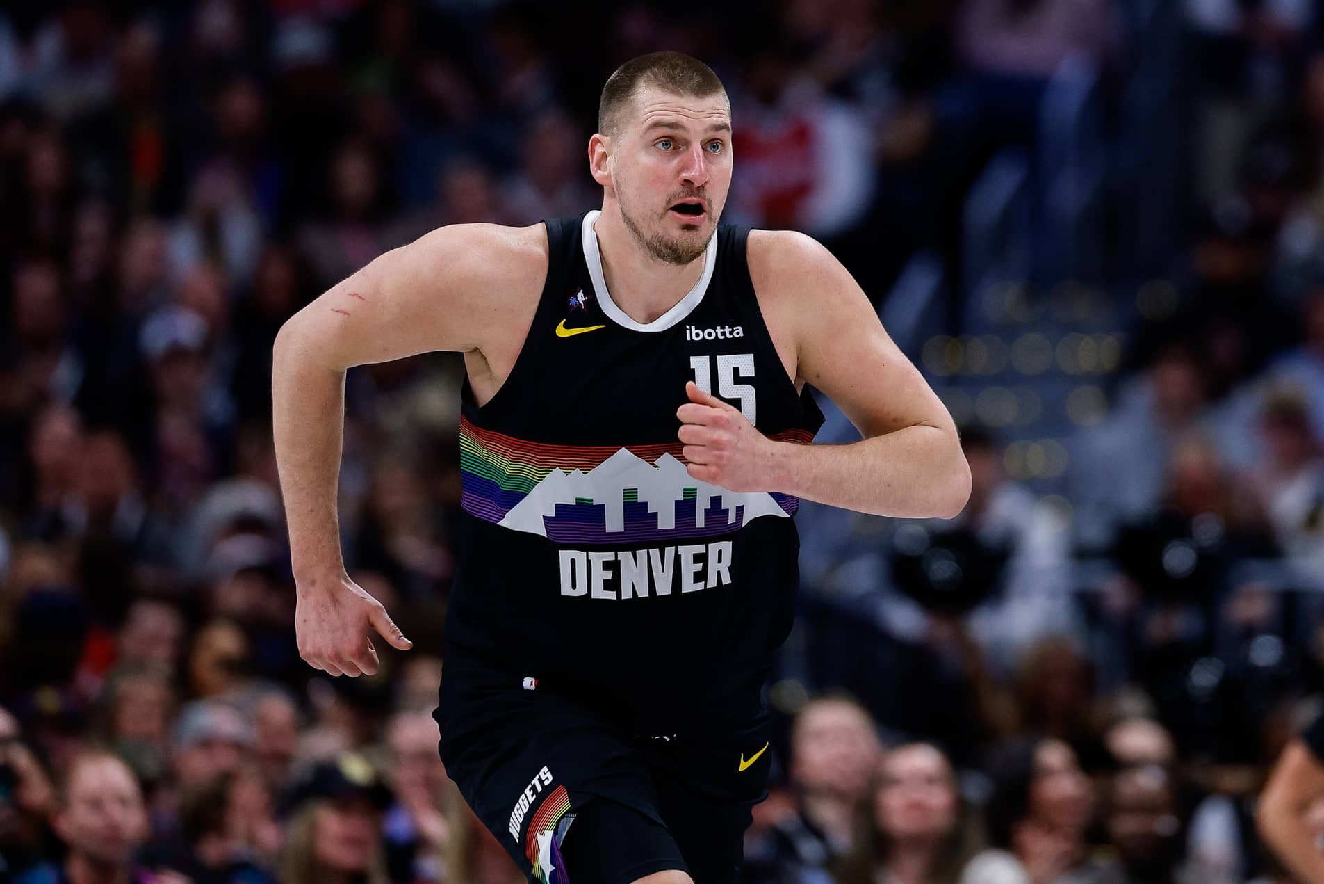 Denver, Colorado, USA; Denver Nuggets center Nikola Jokic (15) in the second quarter against the Los Angeles Clippers at Ball Arena. Mandatory Credit: Isaiah J. Downing-Imagn Images