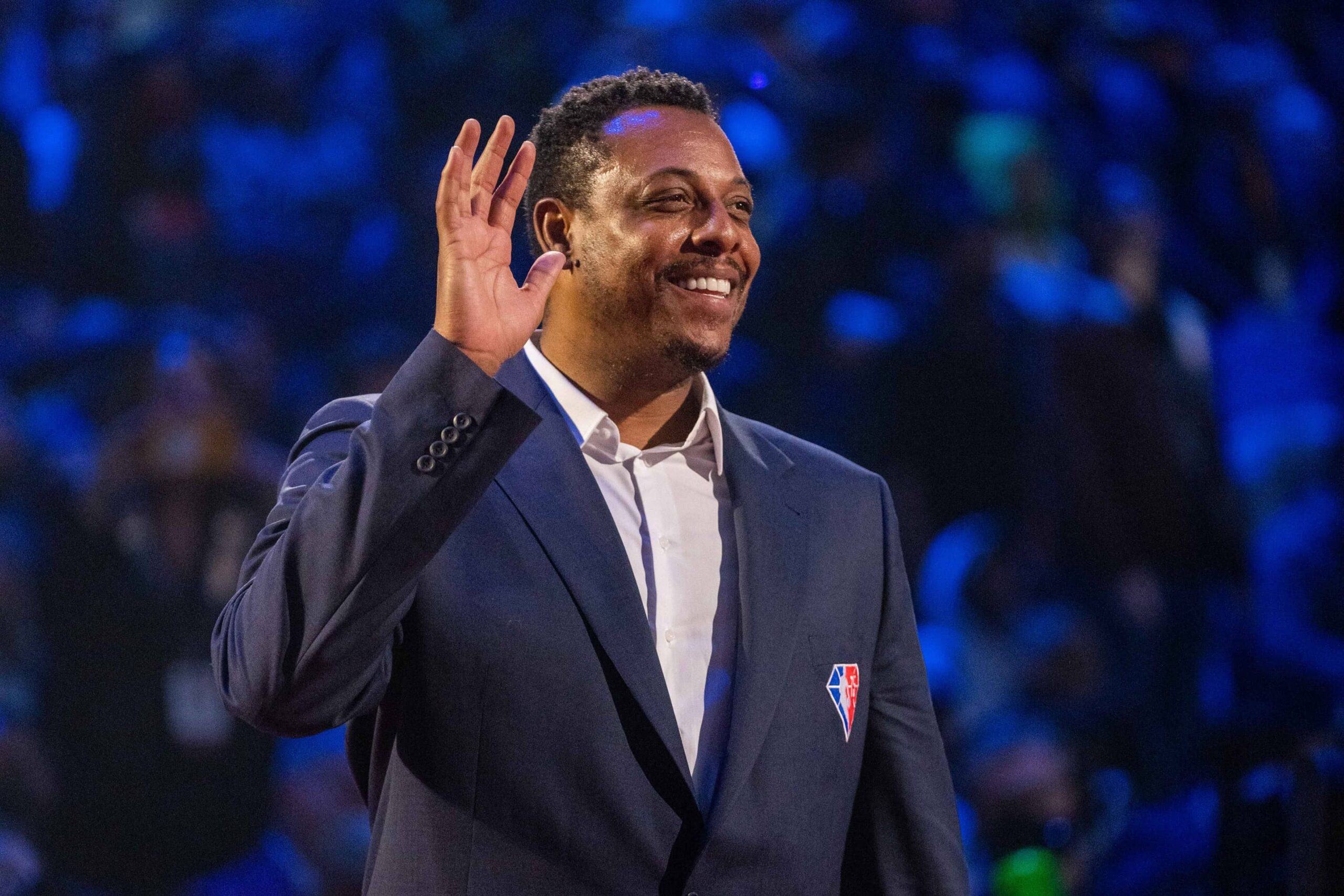 Cleveland, Ohio, USA; NBA great Paul Pierce is honored for being selected to the NBA 75th Anniversary Team during halftime in the 2022 NBA All-Star Game at Rocket Mortgage FieldHouse. Mandatory Credit: Kyle Terada-Imagn Images