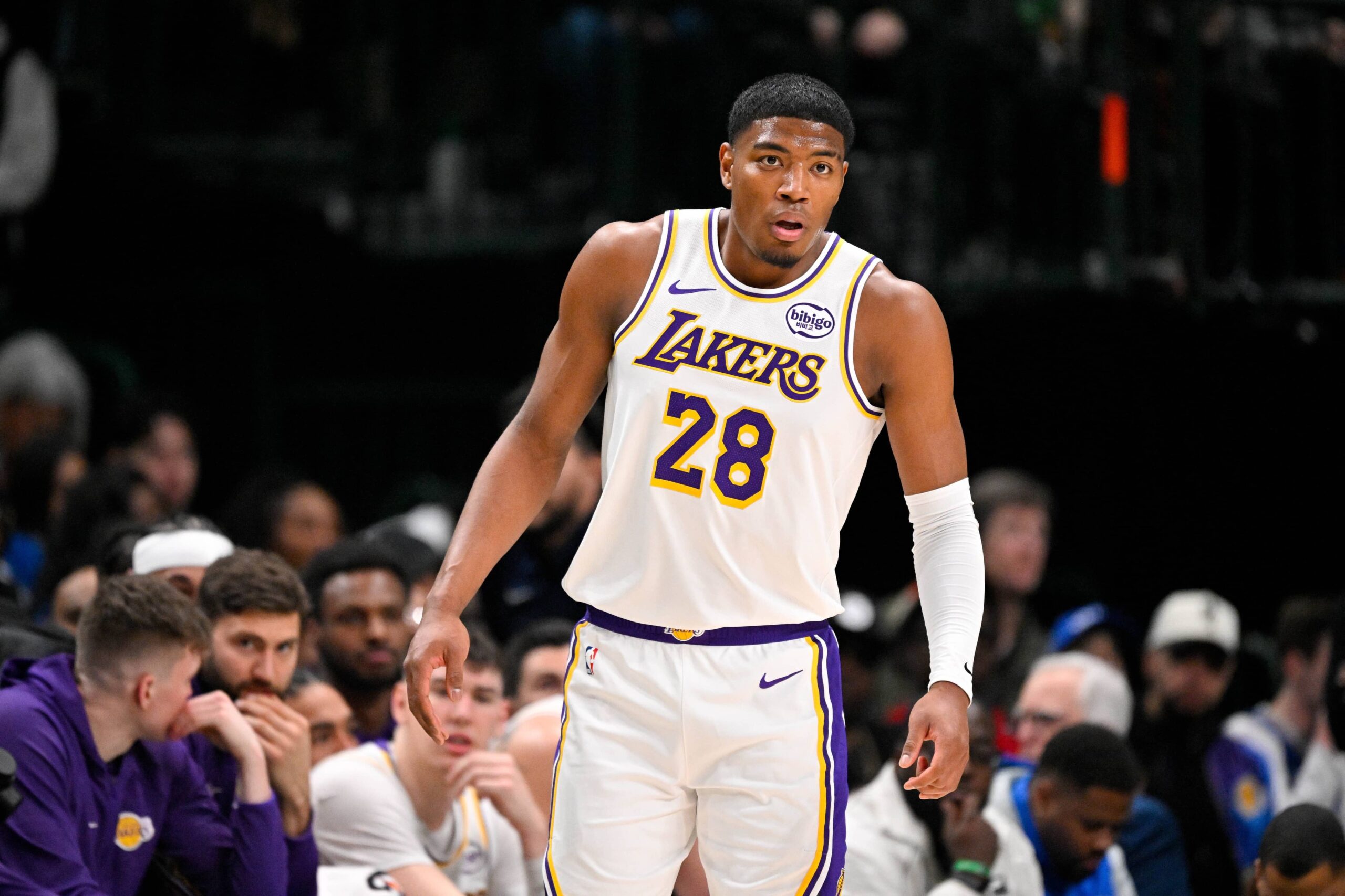 Dallas, Texas, USA; Los Angeles Lakers forward Rui Hachimura (28) looks on during the game against the Dallas Mavericks at the American Airlines Center. Mandatory Credit: Jerome Miron-Imagn Images