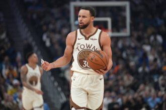 San Francisco, California, USA; Golden State Warriors guard Stephen Curry (30) reacts after committing a turnover against the Detroit Pistons in the first quarter at the Chase Center. Mandatory Credit: Cary Edmondson-Imagn Images