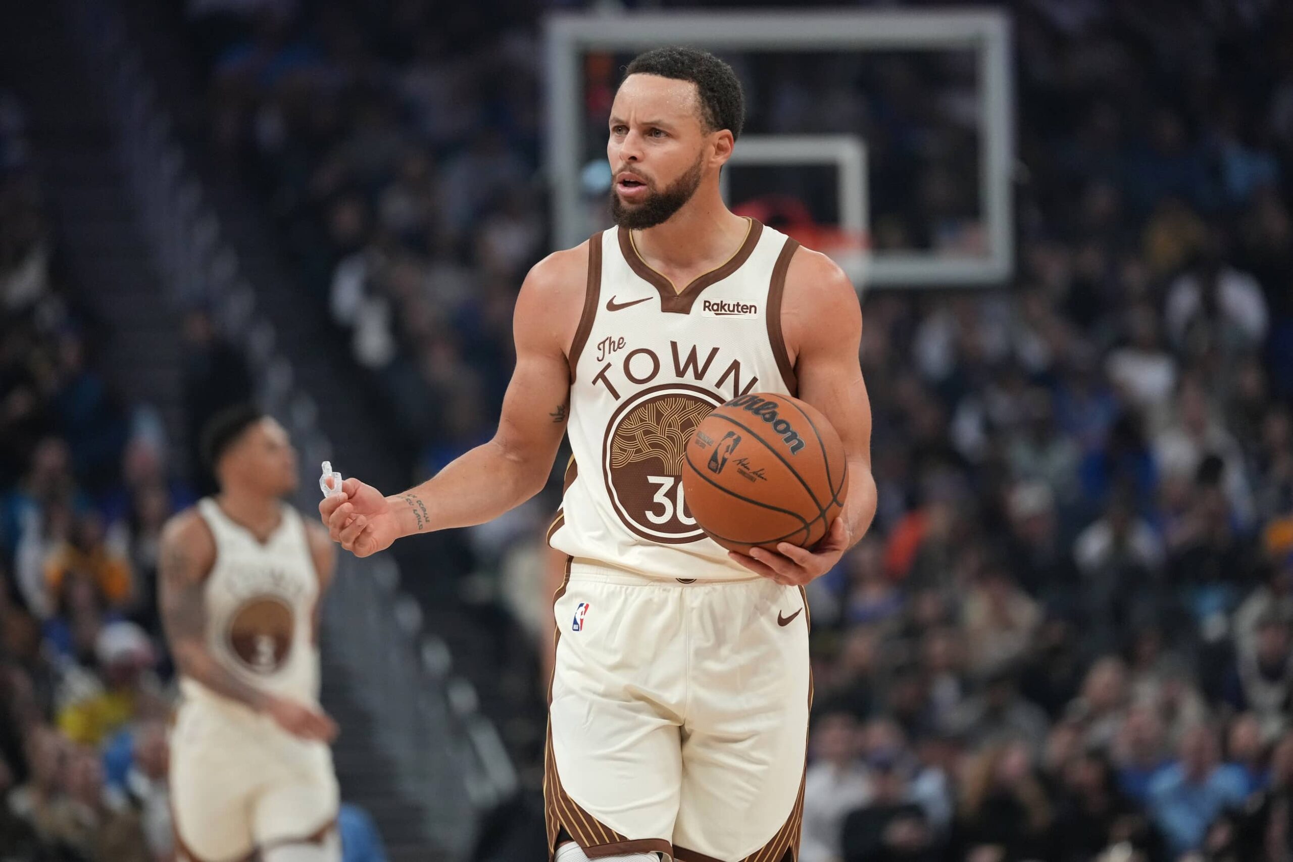 San Francisco, California, USA; Golden State Warriors guard Stephen Curry (30) reacts after committing a turnover against the Detroit Pistons in the first quarter at the Chase Center. Mandatory Credit: Cary Edmondson-Imagn Images