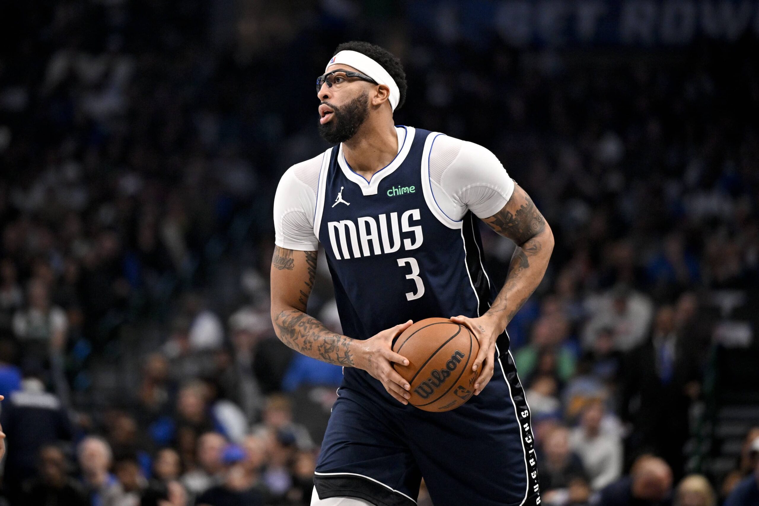 Dec 12, 2025; Dallas, Texas, USA; Dallas Mavericks forward Anthony Davis (3) looks to pass the ball during the game between the Mavericks and the Nets at the American Airlines Center. Mandatory Credit: Jerome Miron-Imagn Images