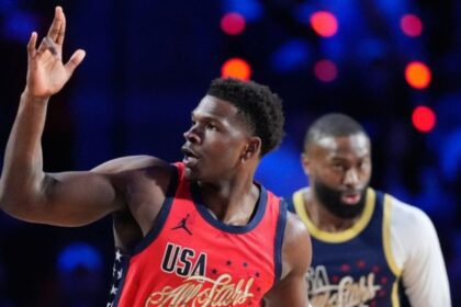 USA Stars guard Anthony Edwards reacts after scoring during the 2026 NBA All-Star game against USA Stripes Sunday, Feb. 15, 2026, in Inglewood, Calif. Mandatory Credit: AP Photo/Mark J. Terrill