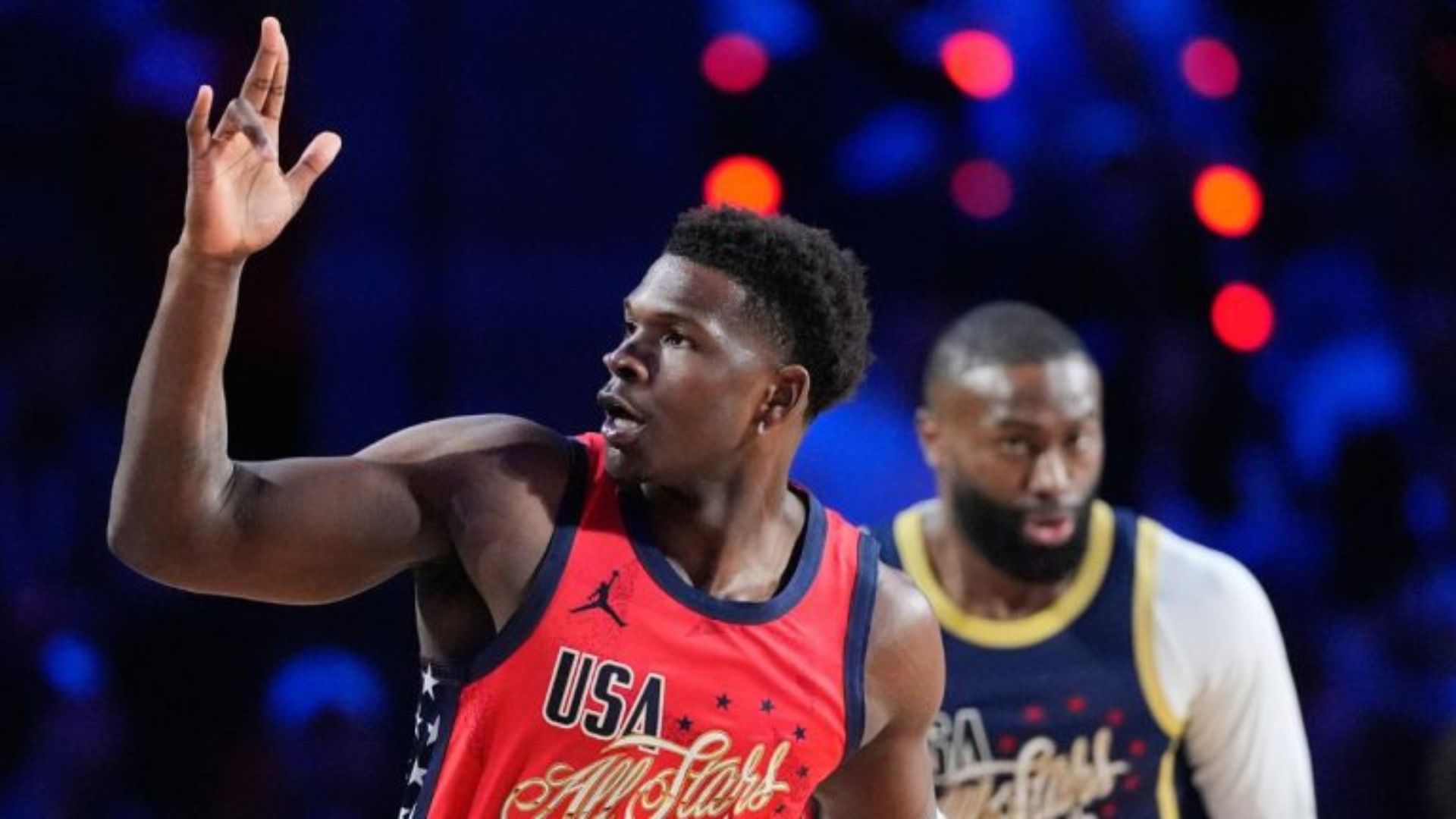 USA Stars guard Anthony Edwards reacts after scoring during the 2026 NBA All-Star game against USA Stripes Sunday, Feb. 15, 2026, in Inglewood, Calif. Mandatory Credit: AP Photo/Mark J. Terrill