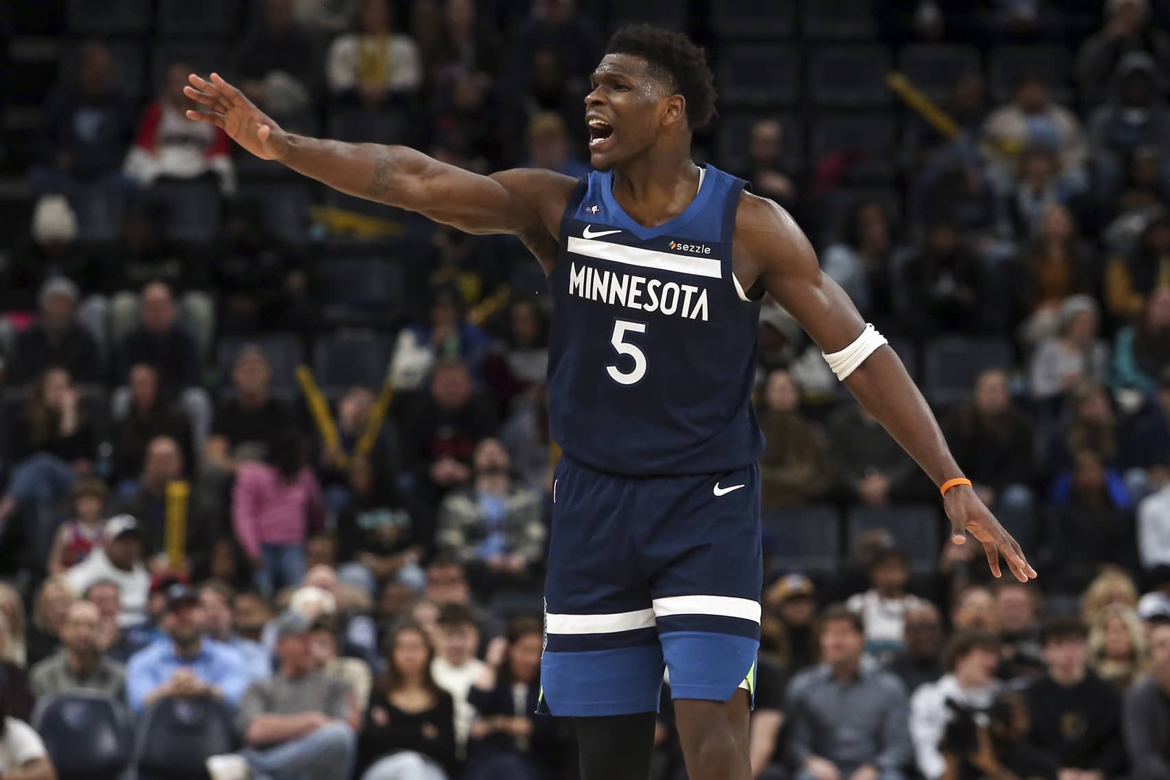 Feb 2, 2026; Memphis, Tennessee, USA; Minnesota Timberwolves guard Anthony Edwards (5) reacts during the fourth quarter against the Memphis Grizzlies at FedExForum. Mandatory Credit: Petre Thomas-Imagn Images