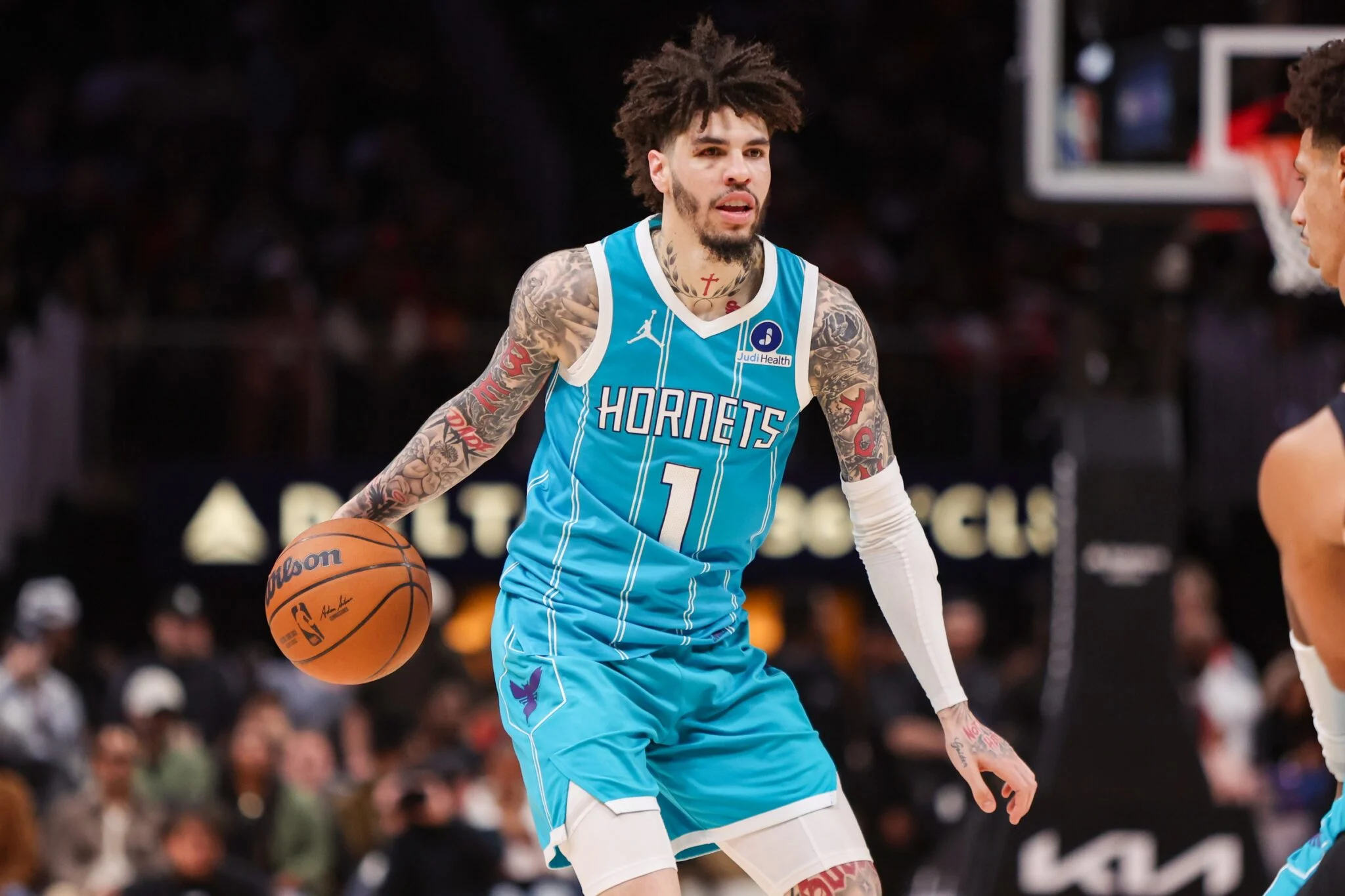 Feb 7, 2026; Atlanta, Georgia, USA; Charlotte Hornets guard LaMelo Ball (1) dribbles against the Atlanta Hawks in the fourth quarter at State Farm Arena. Mandatory Credit: Brett Davis-Imagn Images