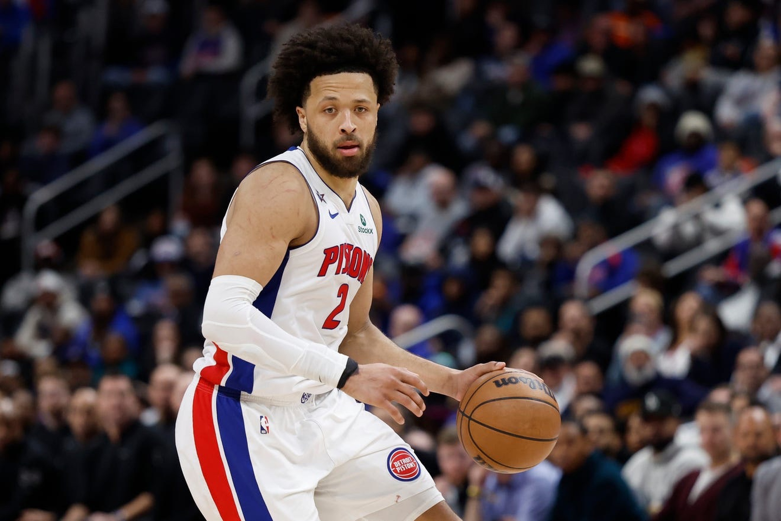 Jan 19, 2026; Detroit, Michigan, USA; Detroit Pistons guard Cade Cunningham (2) dribbles the ball in the second half against the Boston Celtics at Little Caesars Arena. Mandatory Credit: Rick Osentoski-Imagn Images