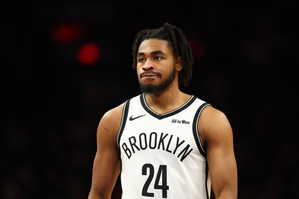 Jan 27, 2026; Phoenix, Arizona, USA; Brooklyn Nets guard Cam Thomas (24) against the Phoenix Suns at Mortgage Matchup Center. Mandatory Credit: Mark J. Rebilas-Imagn Images