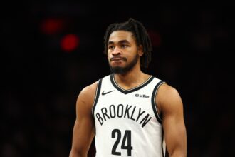 Jan 27, 2026; Phoenix, Arizona, USA; Brooklyn Nets guard Cam Thomas (24) against the Phoenix Suns at Mortgage Matchup Center. Mandatory Credit: Mark J. Rebilas-Imagn Images