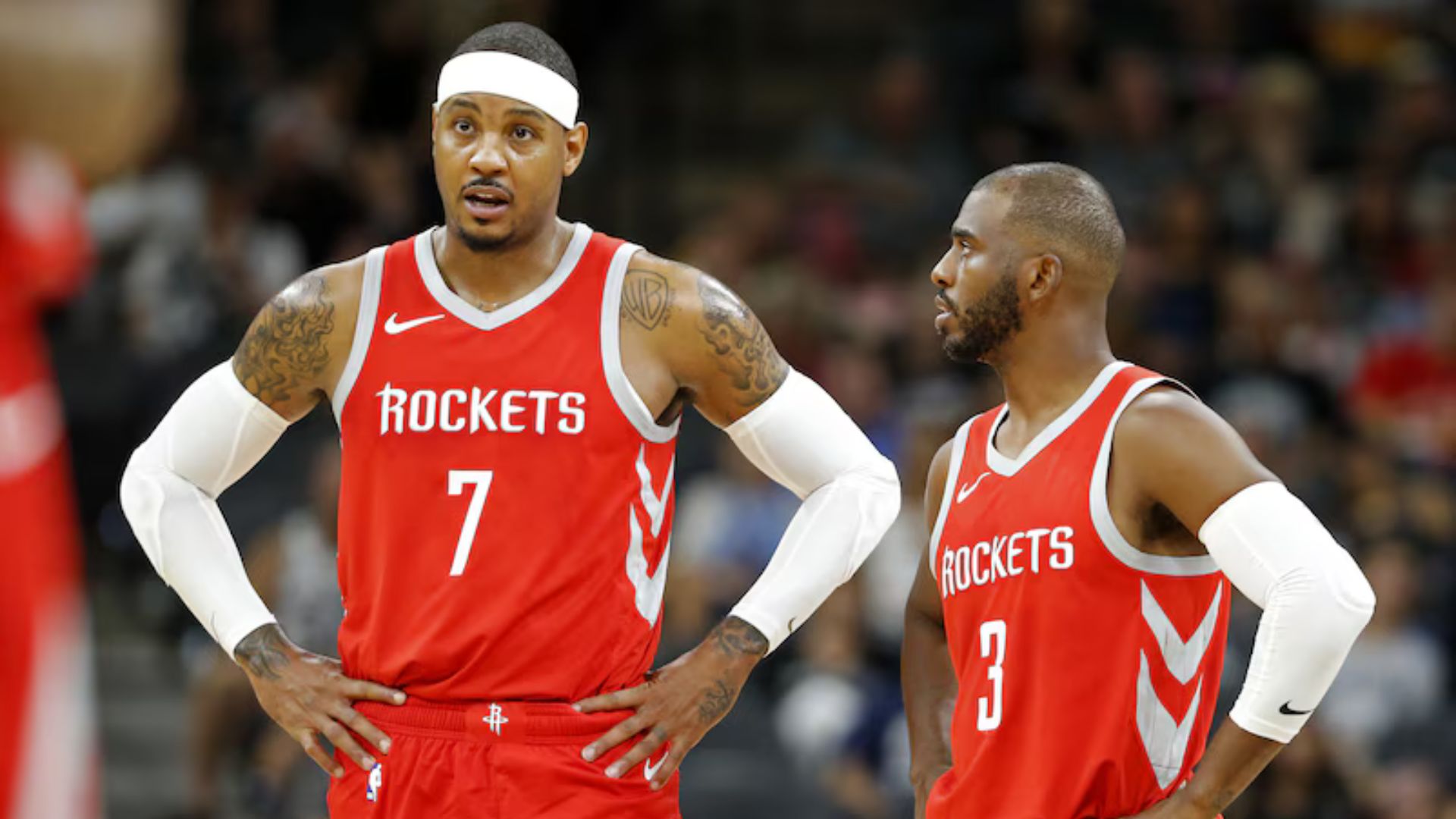 SAN ANTONIO, TX - OCTOBER 7: Carmelo Anthony #7 of the Houston Rockets talks with teammate Chris Paul #3 during a preseason against the San Antonio Spurs game on October 7, 2018 at the AT&T Center in San Antonio, Texas. Mandatory Credit: Edward A. Ornelas/Getty Images