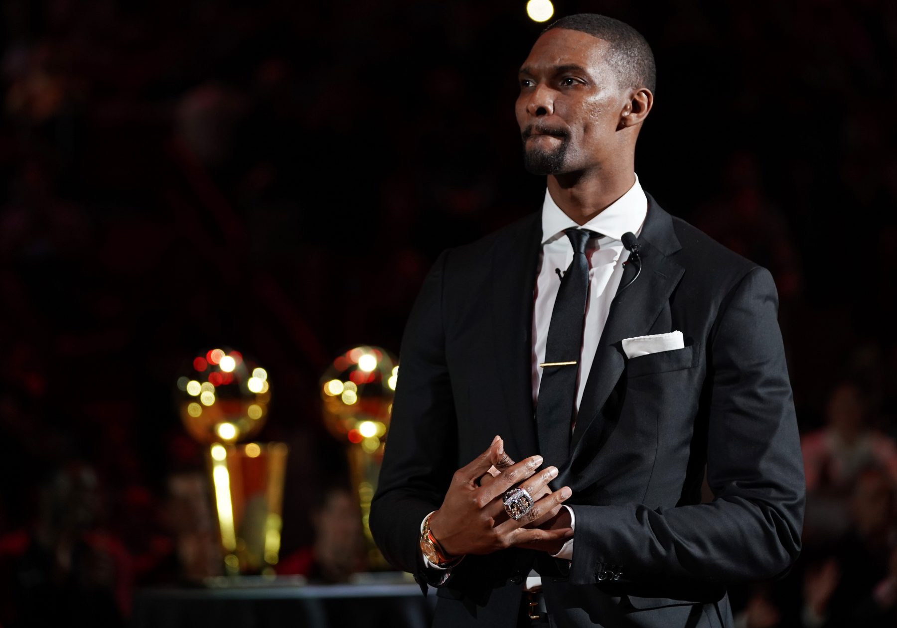 Mar 26, 2019; Miami, FL, USA; Former Miami Heat player Chris Bosh speaks during his jersey retirement ceremony at halftime of the game between the Miami Heat and the Orlando Magic at American Airlines Arena. Mandatory Credit: Jasen Vinlove-Imagn Images