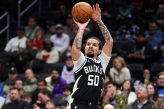 Jan 29, 2026; Washington, District of Columbia, USA; Milwaukee Bucks guard Cole Anthony (50) takes a shot during the first half against the Washington Wizards at Capital One Arena. Mandatory Credit: Daniel Kucin Jr.-Imagn Images