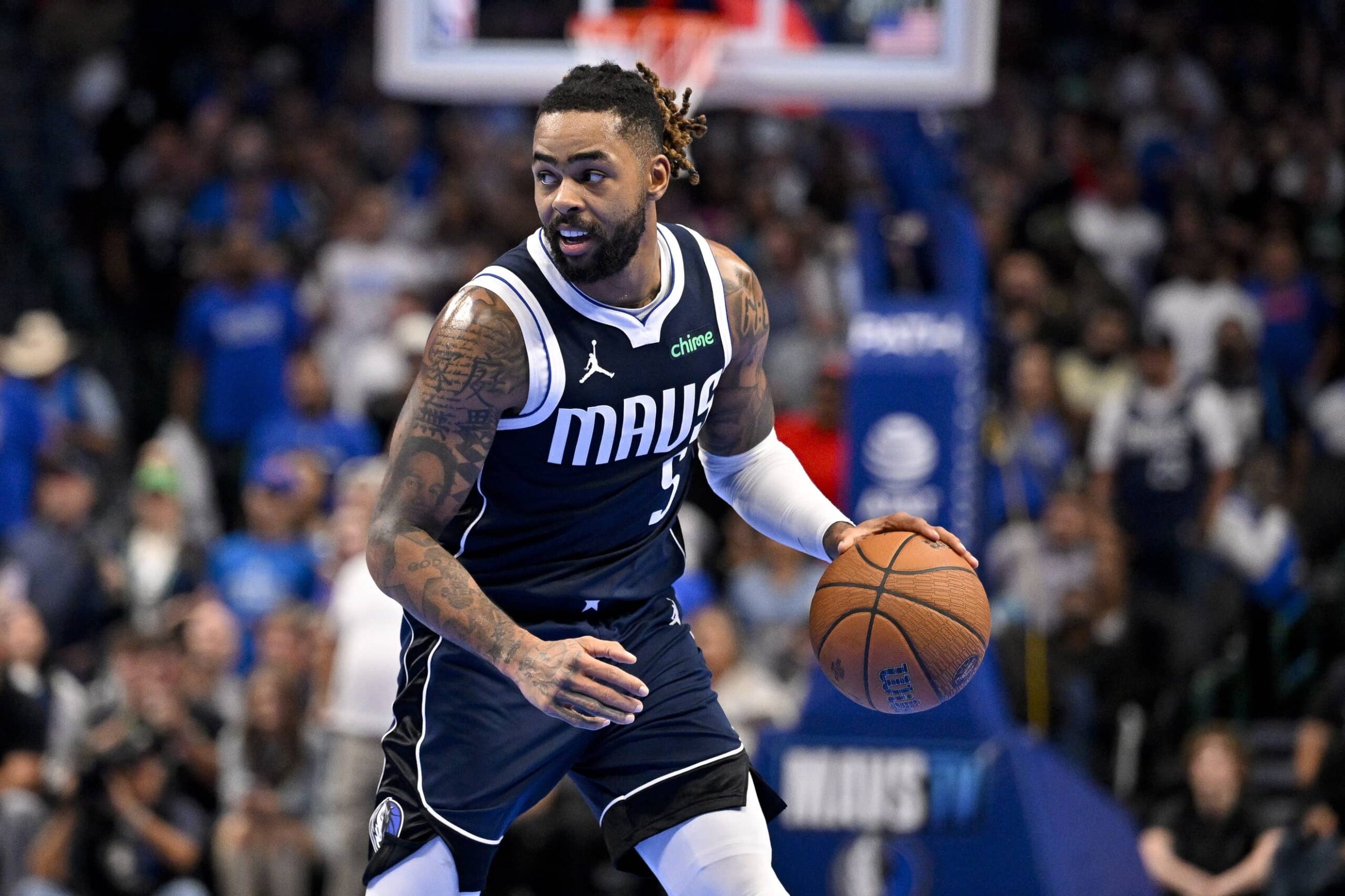 Nov 14, 2025; Dallas, Texas, USA; Dallas Mavericks guard D'Angelo Russell (5) brings the ball up court against the LA Clippers during the second half in an NBA Cup game at the American Airlines Center. Mandatory Credit: Jerome Miron-Imagn Images