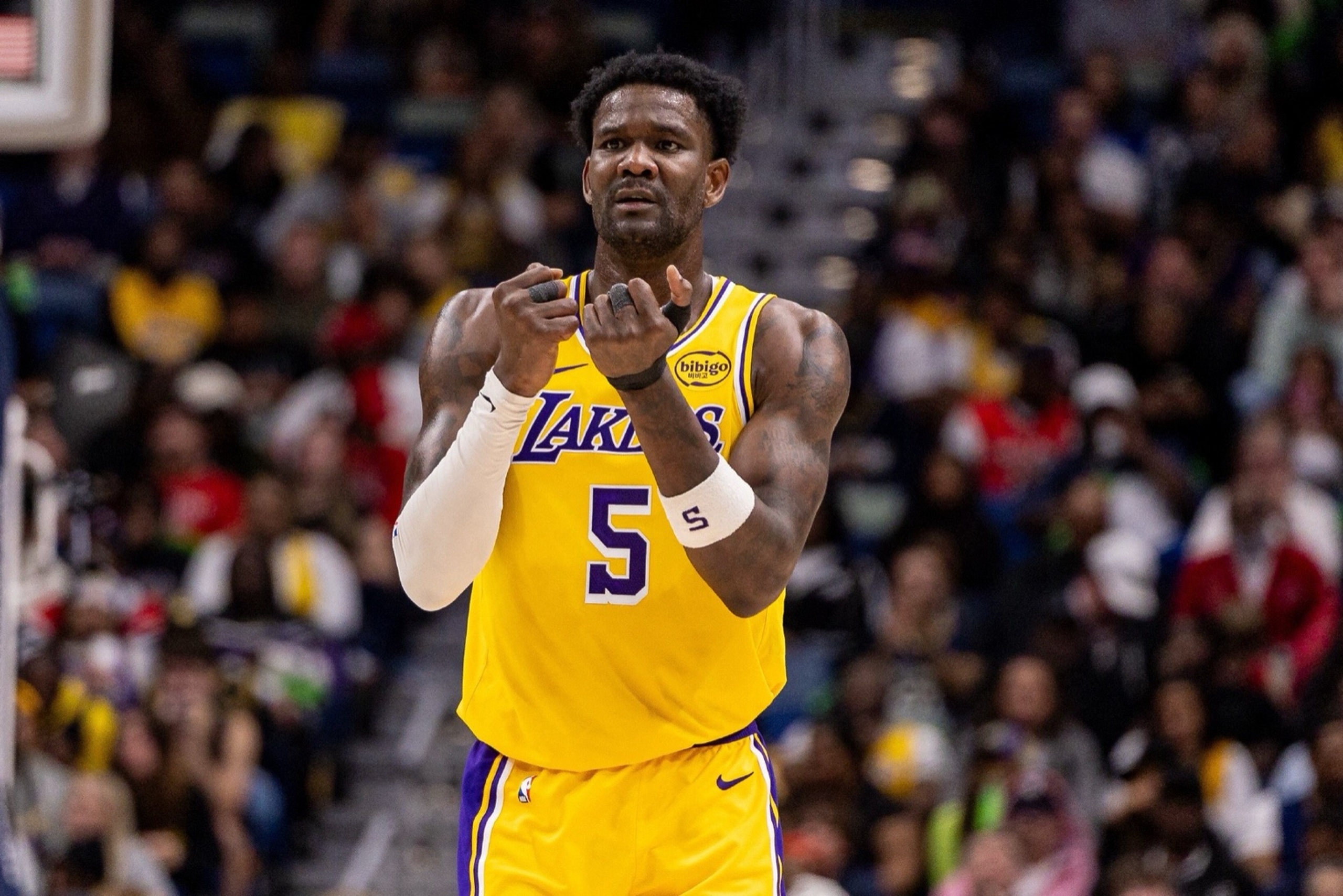 Jan 6, 2026; New Orleans, Louisiana, USA; Los Angeles Lakers center Deandre Ayton (5) reacts to a play against the New Orleans Pelicans during the second half at Smoothie King Center. Mandatory Credit: Stephen Lew-Imagn Images