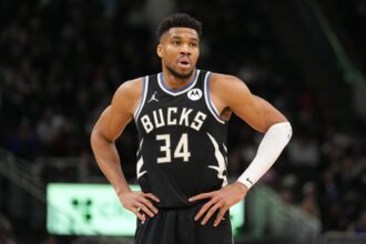 Jan 23, 2026; Milwaukee, Wisconsin, USA; Milwaukee Bucks forward Giannis Antetokounmpo (34) looks on during the second quarter against the Denver Nuggets at Fiserv Forum. Mandatory Credit: Jeff Hanisch-Imagn Images