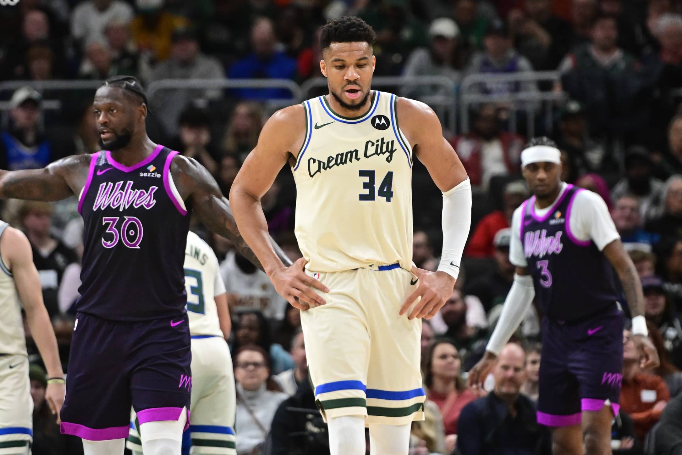 Milwaukee Bucks forward Giannis Antetokounmpo (34) reacts in the second quarter against the Minnesota Timberwolves at Fiserv Forum.
