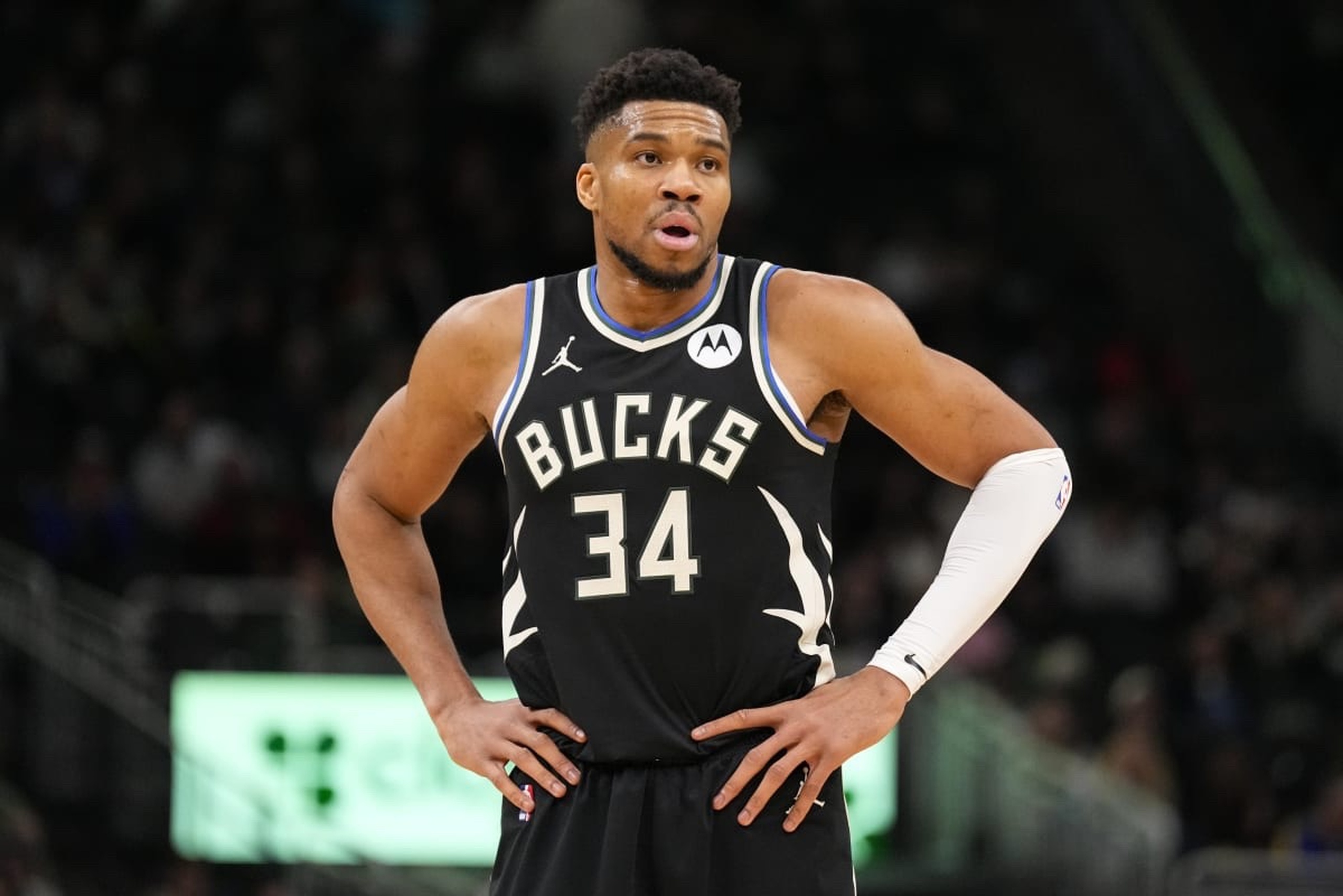 Jan 23, 2026; Milwaukee, Wisconsin, USA; Milwaukee Bucks forward Giannis Antetokounmpo (34) looks on during the second quarter against the Denver Nuggets at Fiserv Forum. Mandatory Credit: Jeff Hanisch-Imagn Images
