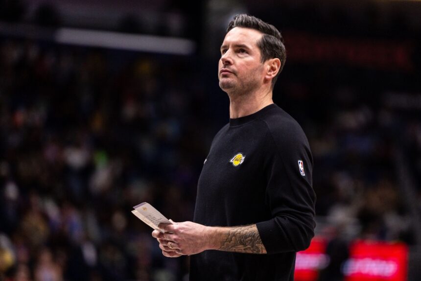 New Orleans, Louisiana, USA; Los Angeles Lakers Head Coach JJ Redick looks on against the New Orleans Pelicans during the second half at Smoothie King Center. Mandatory Credit: Stephen Lew-Imagn Images