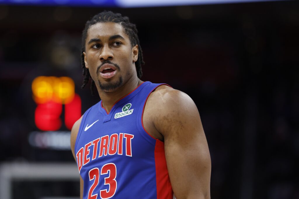 Dec 6, 2025; Detroit, Michigan, USA; Detroit Pistons guard Jaden Ivey (23) reacts in the first half against the Milwaukee Bucks at Little Caesars Arena. Mandatory Credit: Rick Osentoski-Imagn Images