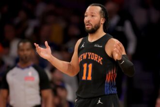 New York, New York, USA; New York Knicks guard Jalen Brunson (11) reacts during the first quarter against the Sacramento Kings at Madison Square Garden. Mandatory Credit: Brad Penner-Imagn Images