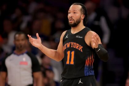 New York, New York, USA; New York Knicks guard Jalen Brunson (11) reacts during the first quarter against the Sacramento Kings at Madison Square Garden. Mandatory Credit: Brad Penner-Imagn Images