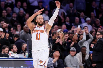 New York, New York, USA; New York Knicks guard Jalen Brunson (11) gestures after the Denver Nuggets call timeout in the second overtime at Madison Square Garden. Mandatory Credit: Wendell Cruz-Imagn Images