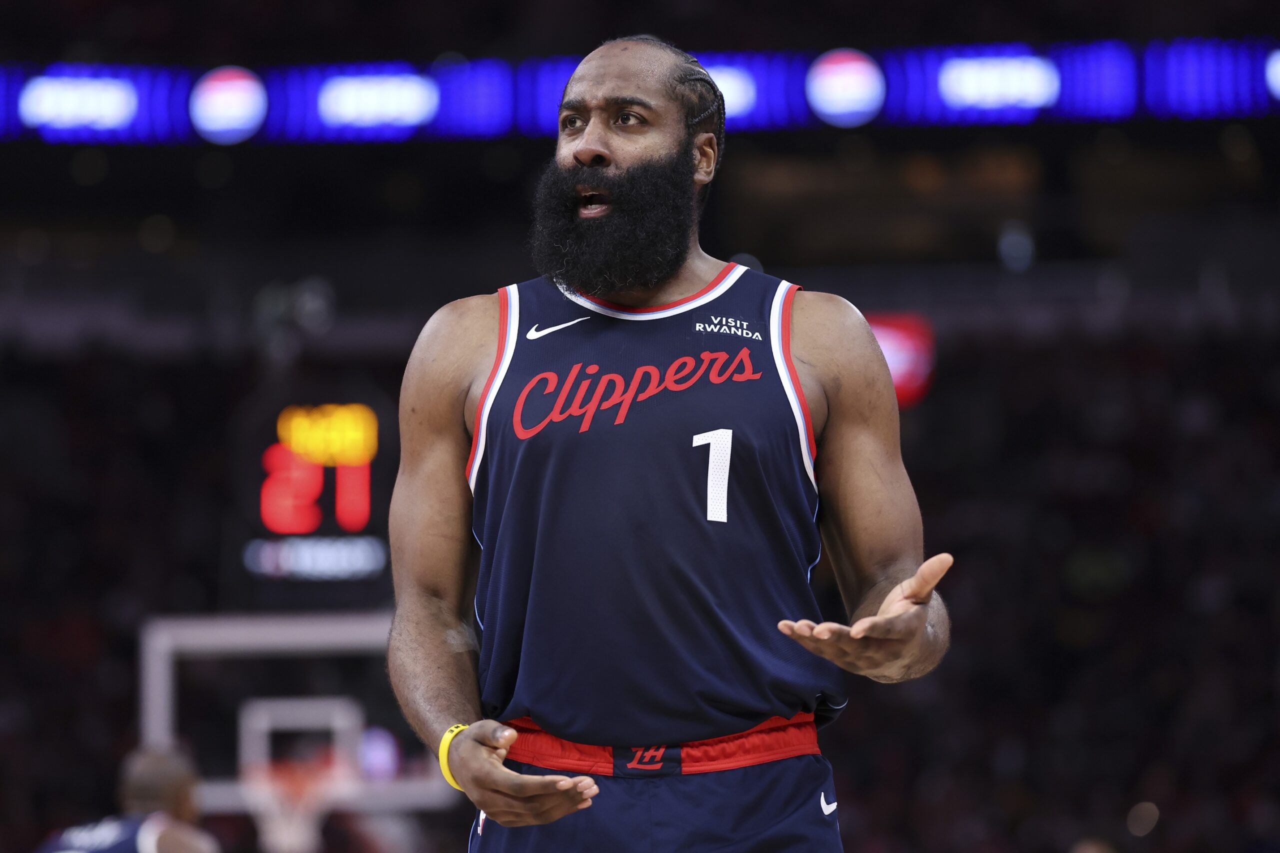 Dec 11, 2025; Houston, Texas, USA; Los Angeles Clippers guard James Harden (1) reacts after a play during the third quarter against the Houston Rockets at Toyota Center. Mandatory Credit: Troy Taormina-Imagn Images