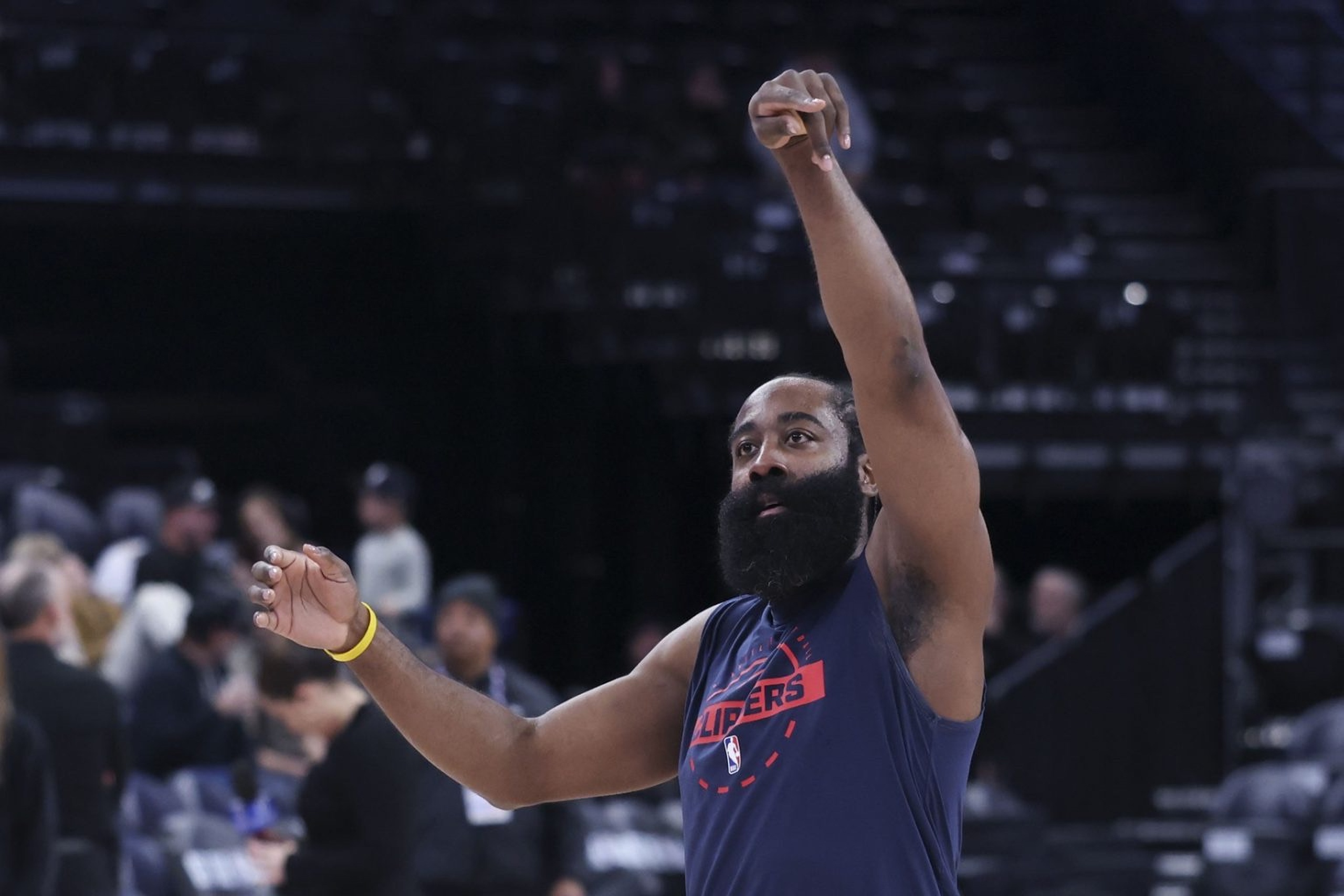 Jan 27, 2026; Salt Lake City, Utah, USA; LA Clippers guard James Harden (1) warms up before the game against the Utah Jazz at Delta Center. Mandatory Credit: Rob Gray-Imagn Images