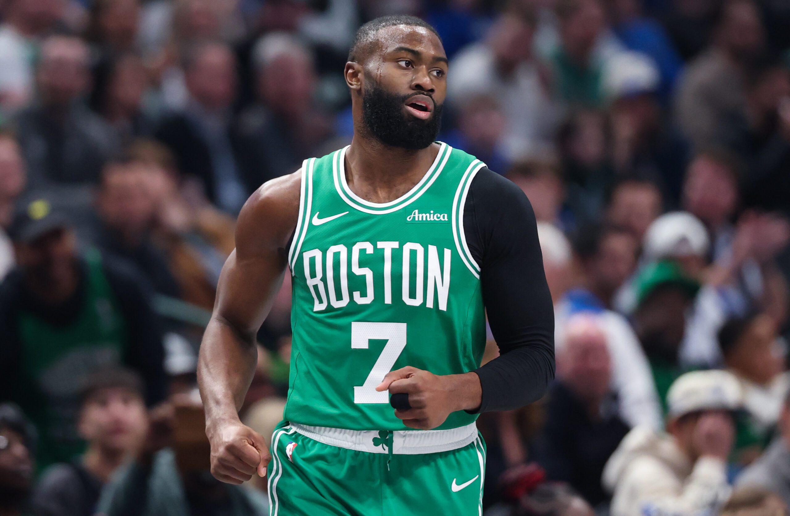 Feb 3, 2026; Dallas, Texas, USA; Boston Celtics guard Jaylen Brown (7) reacts against the Dallas Mavericks during the first quarter at American Airlines Center. Mandatory Credit: Kevin Jairaj-Imagn Images